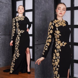 Black Moroccan kaftan Dress with gold beads, yellow dress for wedding guest, women&#39;s caftans plus size, valentine dress