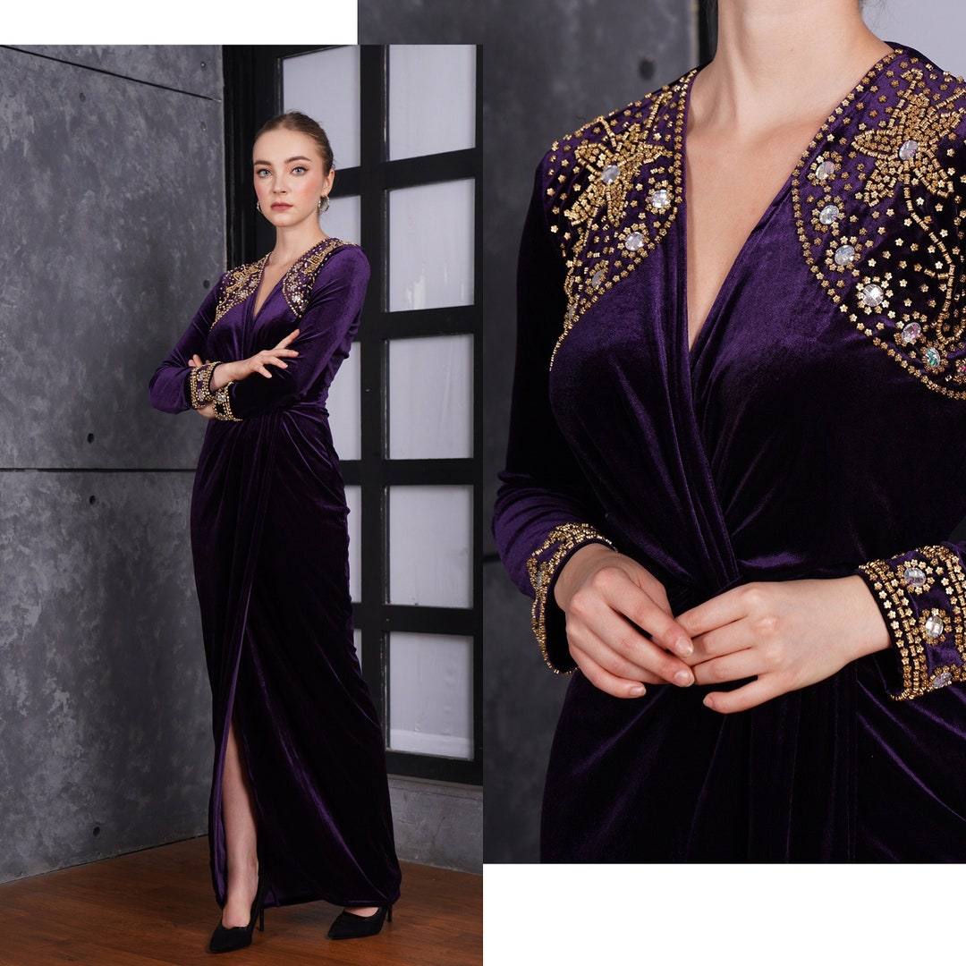 Kaftan dress velvet royal dark purple kaftan abaya dress for