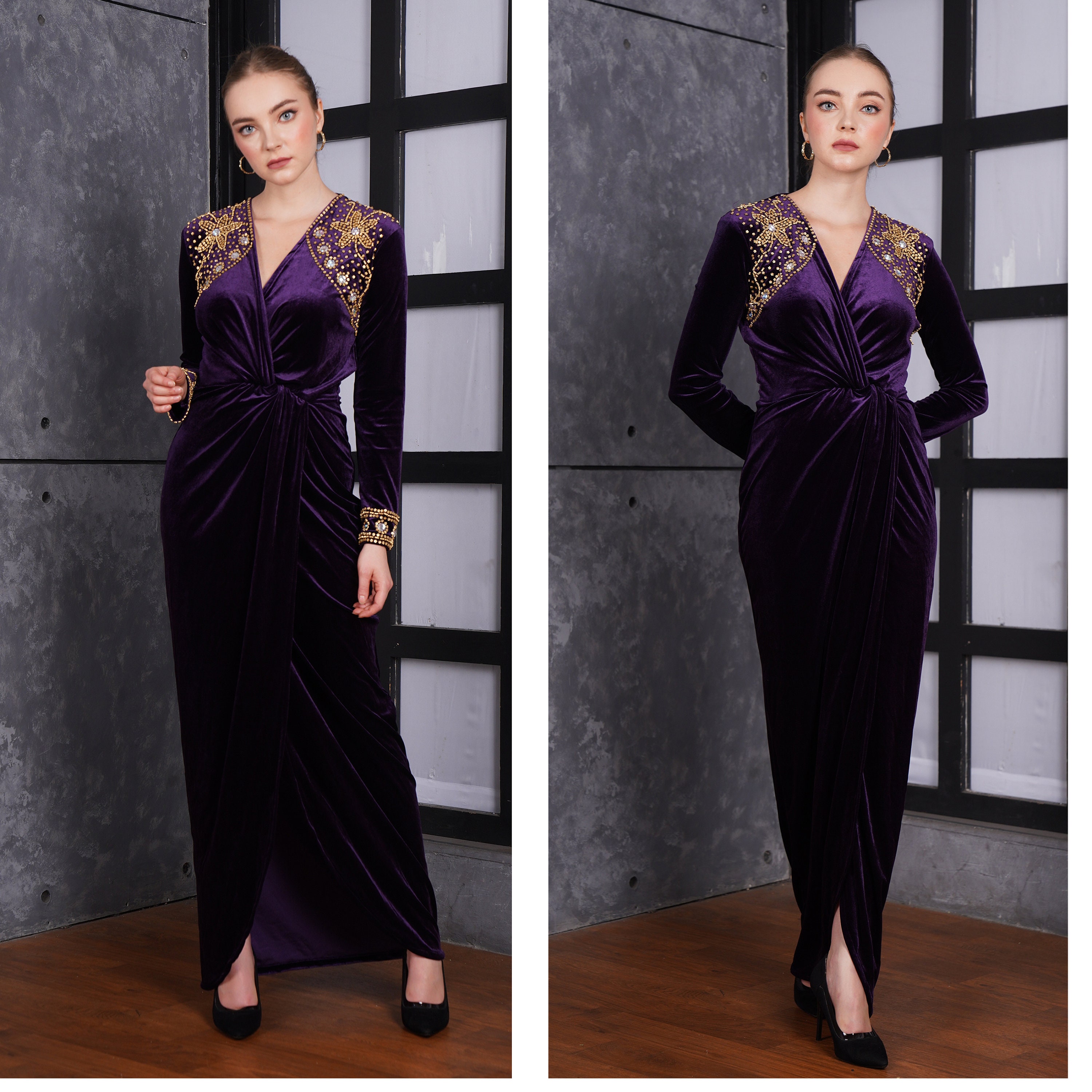 Kaftan dress velvet royal dark purple kaftan abaya dress for