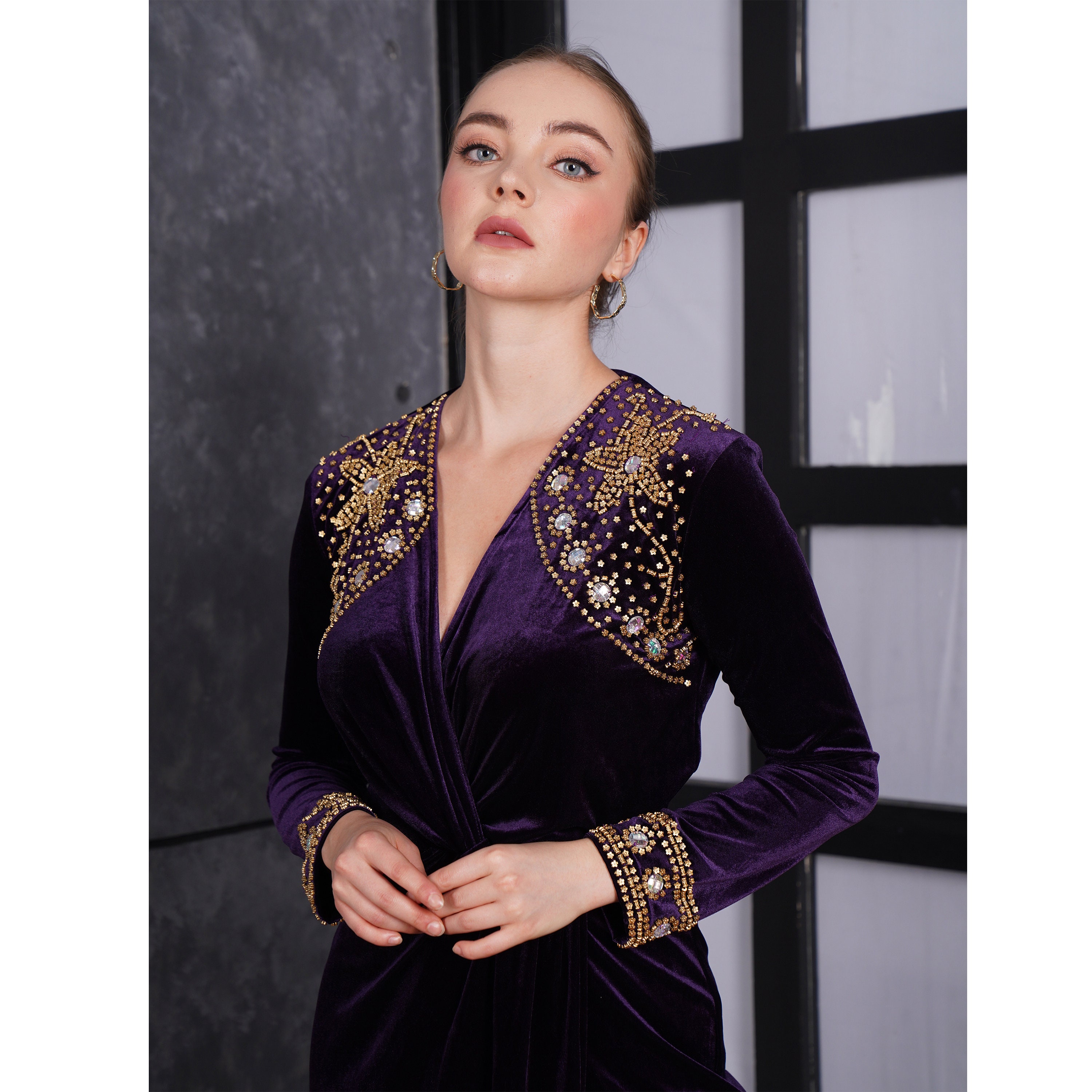 Kaftan dress velvet royal dark purple kaftan abaya dress for