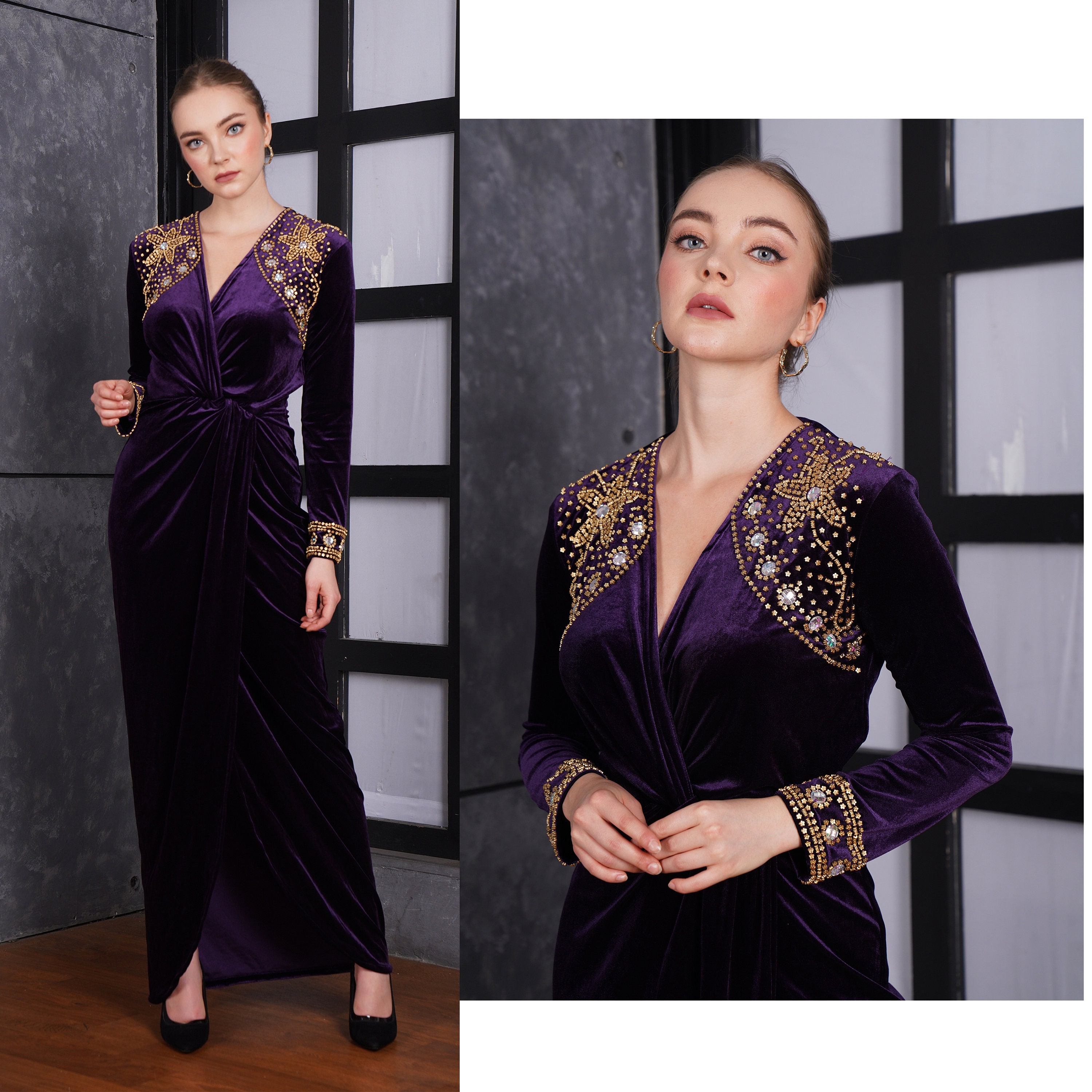Kaftan dress velvet royal dark purple kaftan abaya dress for