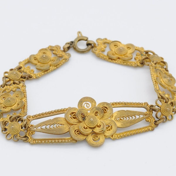 Vintage Gold Gilt Floral Filigree Bracelet - 1930s / Swirling Design / Patterned / Panel Bracelet / Czech Style / Vintage Costume