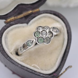 Vintage 9ct Gold & Sterling Silver Paste Floral Cluster Ring c. 1940s - Multi-Stone Detailed Delicate Design | UK Size - L | US Size - 5 3/4