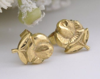 Vintage Rolled Gold Rose Stud Earrings - Flower / Floral / Petal / Detailed / Push Back