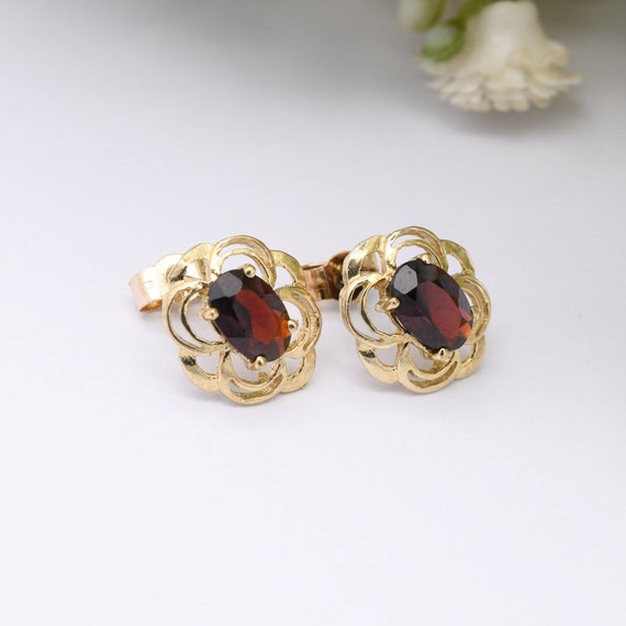 9ct Gold Garnet Stud Earrings - Ornate Floral Fra… - image 1