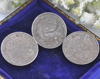 Antique Silver Coin Button Set - Peru 1/5 Sol 1867 and 1874 | Peruvian Silver Coin