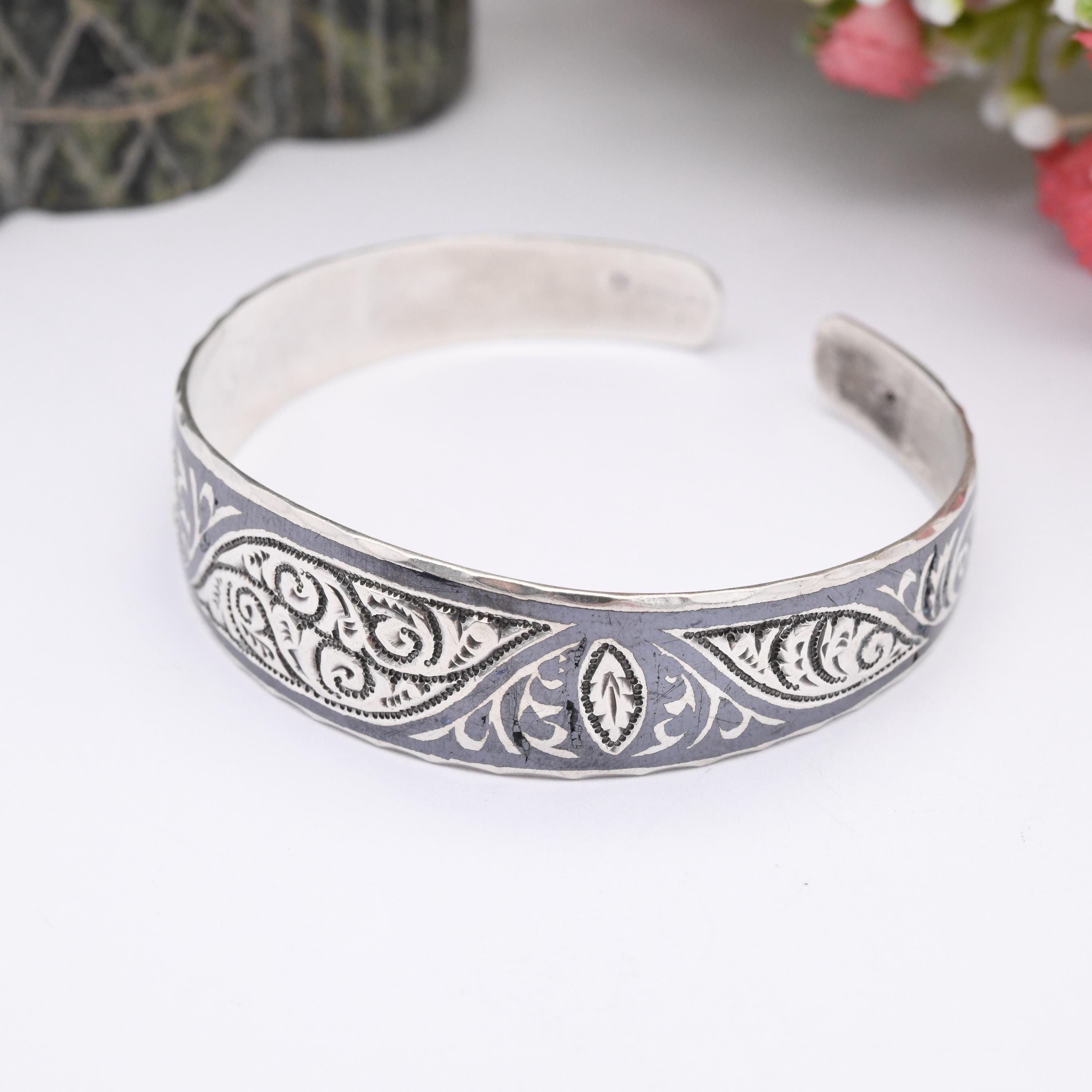 Vintage Soviet Silver Kubachi Niello Bangle Bracelet - Floral