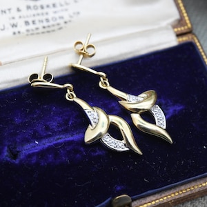 Vintage 9ct Gold and Diamond Drop Earrings - Two Tone Delicate Yellow Gold Stud Dangle Earrings with Butterfly Backs | Sculptural Design
