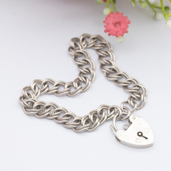 Vintage Sterling Silver Heart Padlock Clasp Chain… - image 1