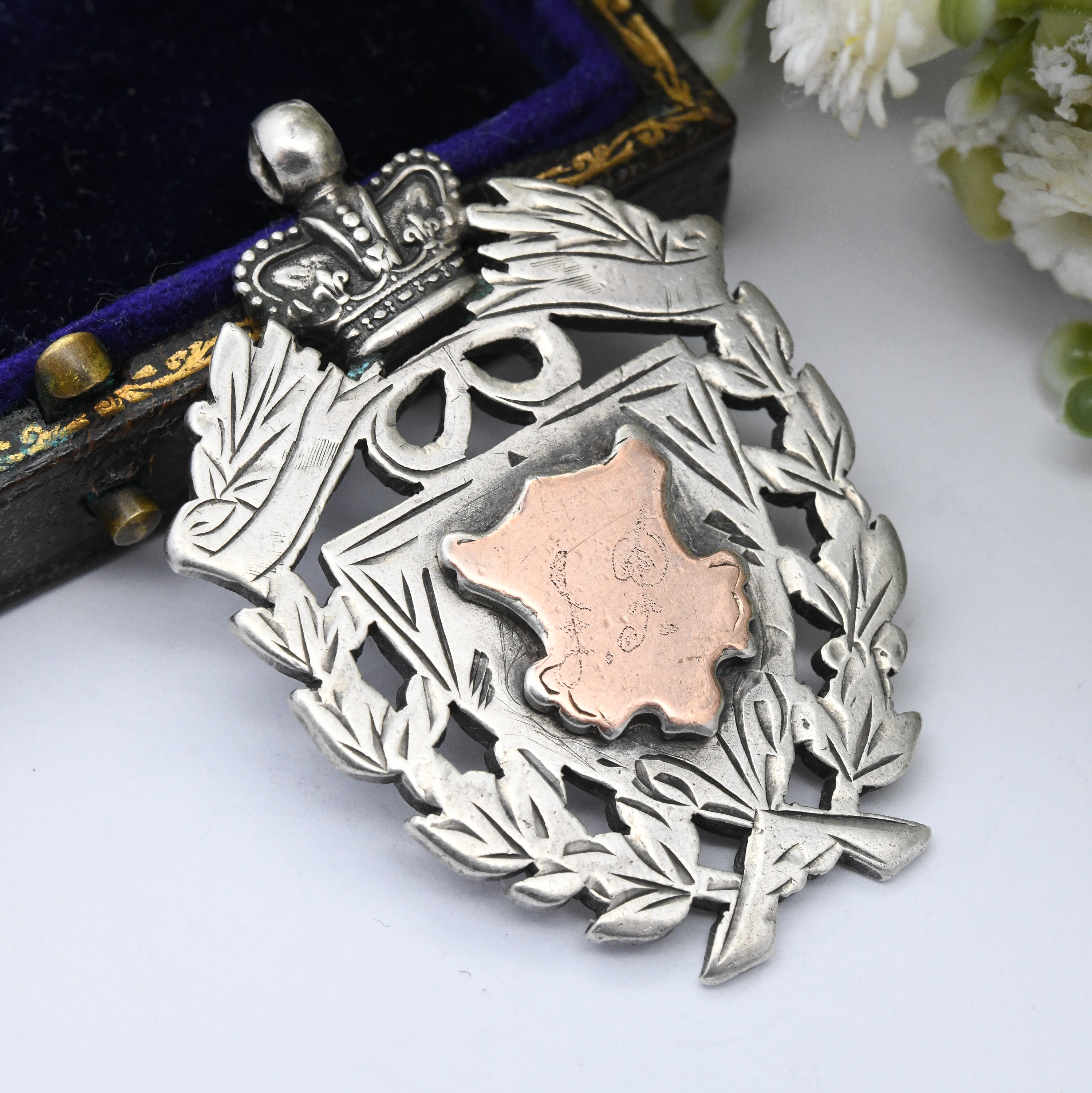 Antique Sterling Silver Watch Fob Pendant 1901 by Robert Chandler - with  Rose Gold Plated Shield Plaque | Ornate Victorian Crown and Wreath