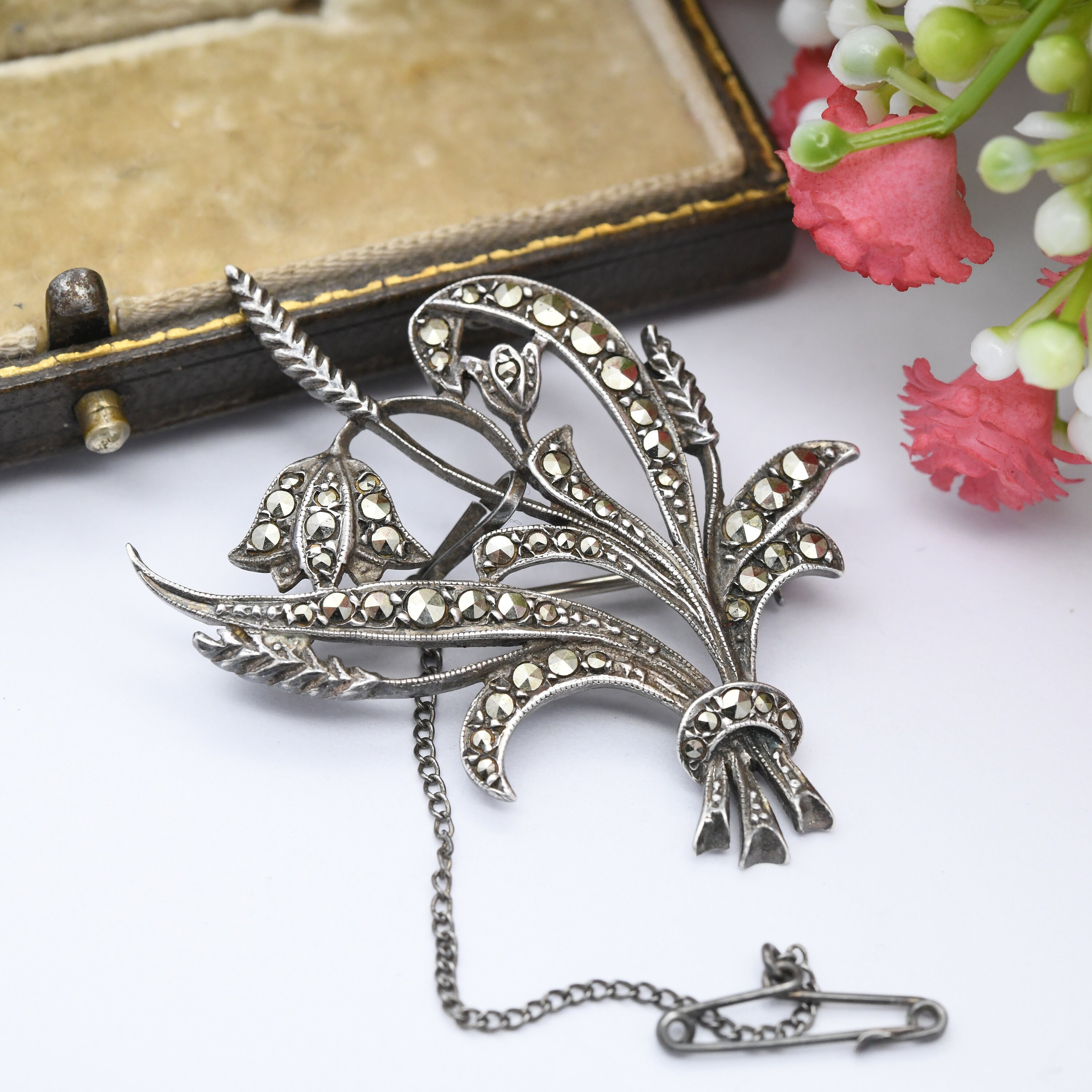Vintage Sterling Silver Marcasite Flower Wheat Leaf Brooch