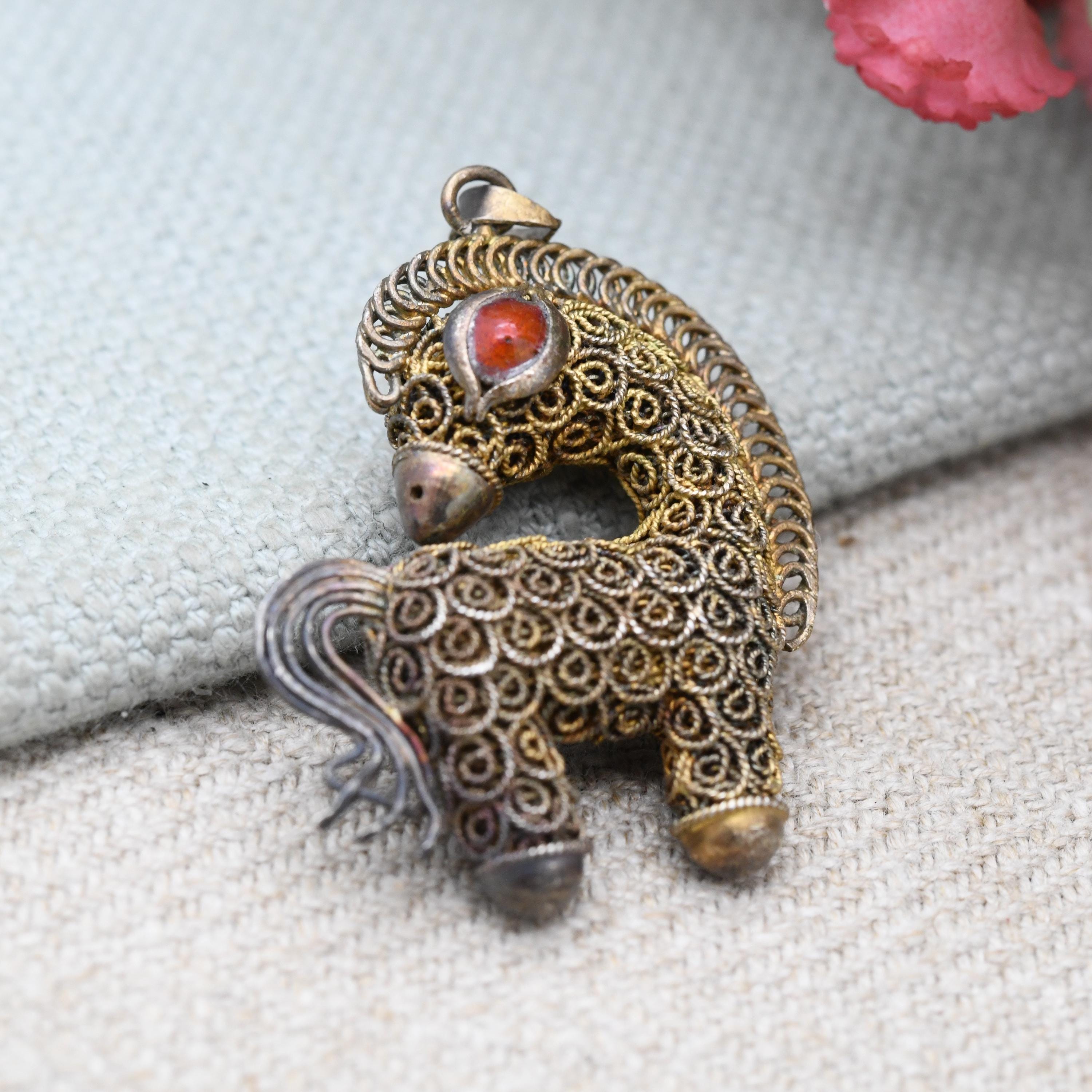 Vintage Chinese Export Silver Gilt Filigree Horse Pendant With Red