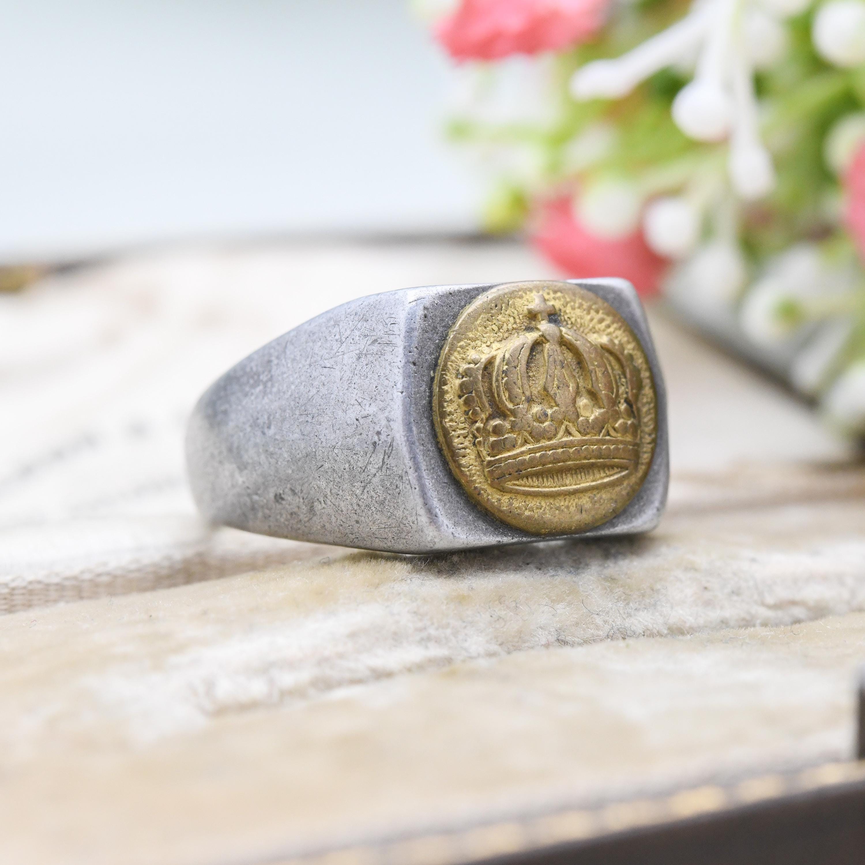 Antique WWI German Trench Art Signet Ring Aluminium Band With