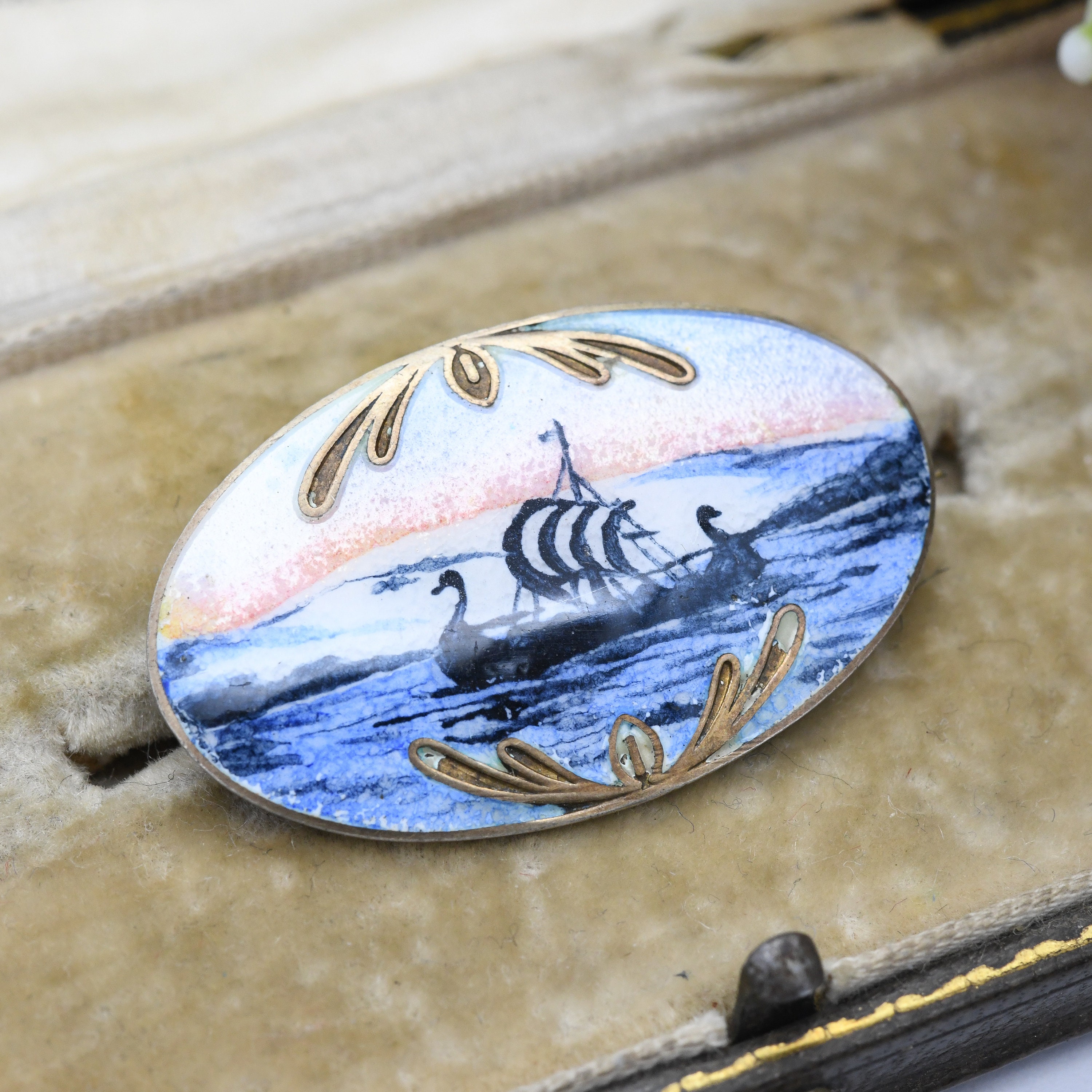 Vintage Norwegian Sterling Silver Enamel Sailing Ship Brooch