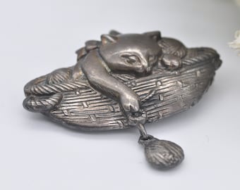 Vintage Sterling Silver Cat in a Basket Brooch - Pet / Cat Lover / Playing / Animal / Pin / Statement