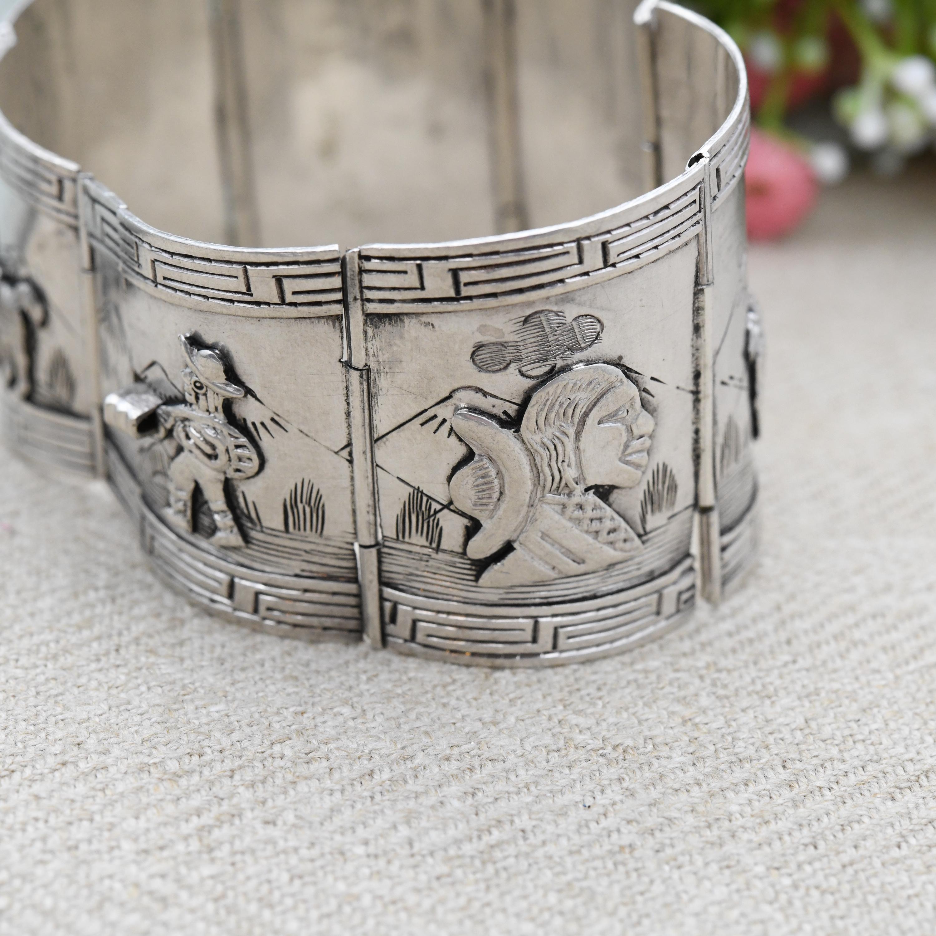 Vintage Peruvian Sterling Silver Bracelet Engraved Relief Panels