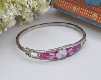 Vintage Mexico Sterling Silver Mother of Pearl Cuff Bracelet - Flower Bangle