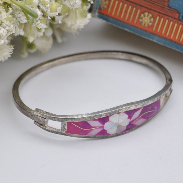 Vintage Mexico Sterling Silver Mother of Pearl Cuff Bracelet - Flower Bangle