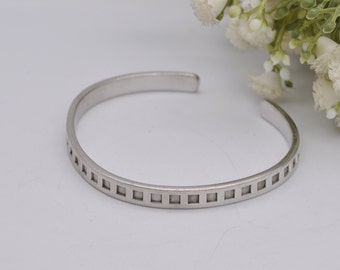 Vintage Sterling Silver Open Cuff Bangle Bracelet - Square Pattern / Elegant / Statement