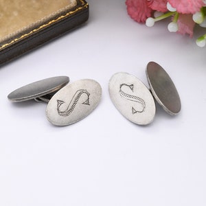 Gemelos vintage de plata de ley con letra S - S grabado a mano / Plata minimalista de mediados de siglo / Regalo para él
