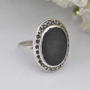 Vintage 935 Silver Onyx and Marcasite Ring - Statement Cocktail Ring Pretty Gift for Her | UK Size - F 1/2 | US Size - 3