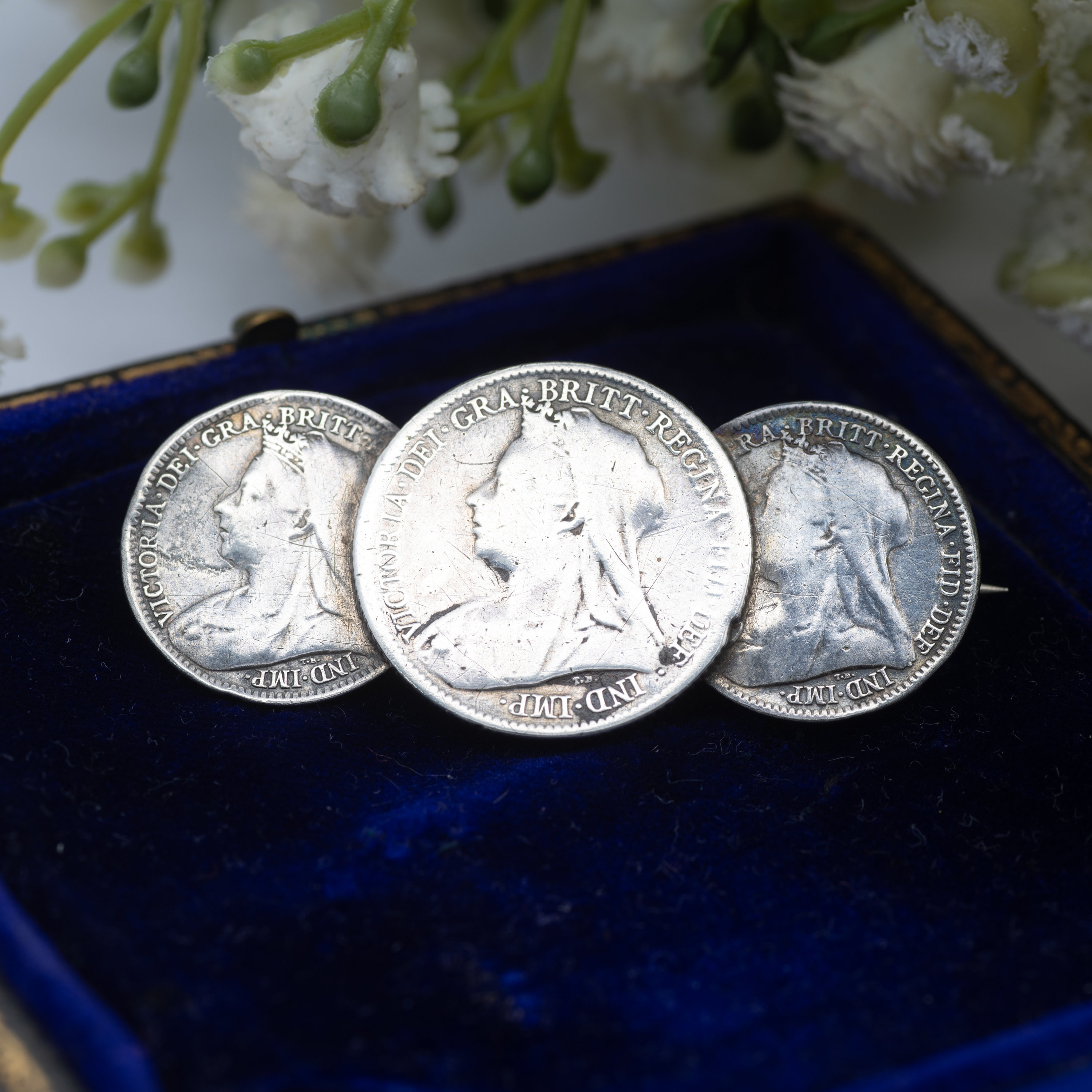 Antique Sterling Silver Victoria Coin Brooch With Three Coins