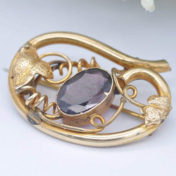 Antique Rolled Gold and Purple Stone Brooch - Pin / Floral / Foliate / Elegant / Interesting / Unique / Leaf / Nature