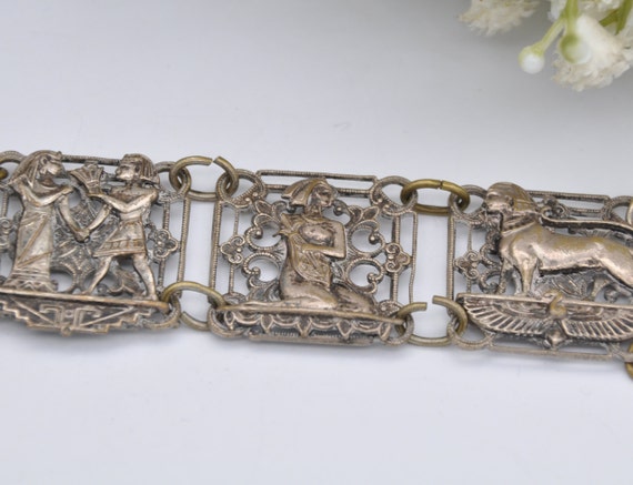 Vintage Art Deco Egyptian Revival Bracelet - Silv… - image 9