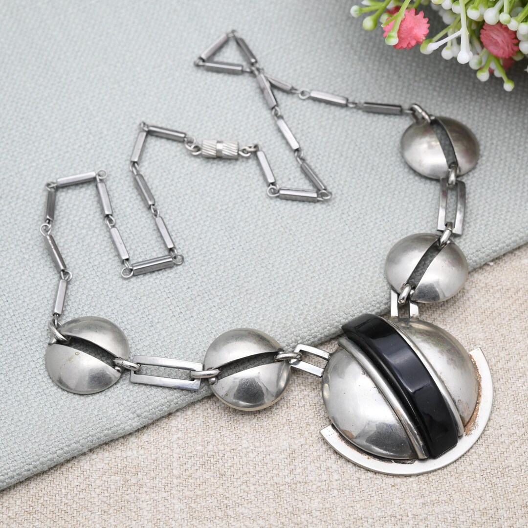 Jakob Bengel Art Deco Necklace Chrome and Black Galalith Early Plastic ...