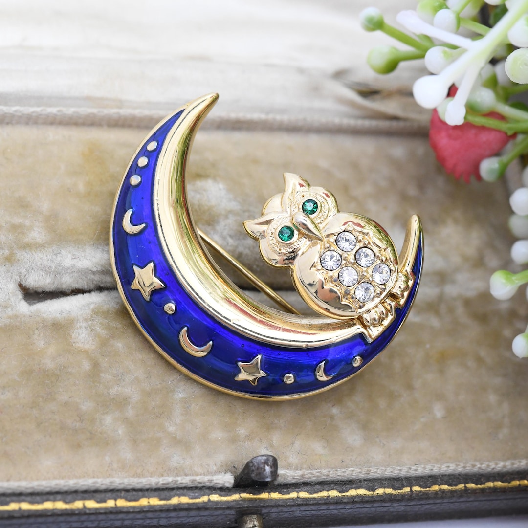 Vintage BJ Owl on a Crescent Moon Brooch Beatrix Jewelry Gold