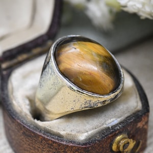 Vintage Sterling Silver Tiger&#39;s Eye Ring - Mid-Century Modernist | Oval Cabochon | UK Size - O | US Size - 7 1/4