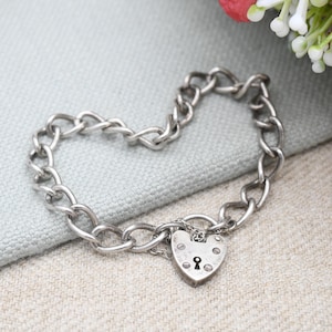 Vintage Sterling Silber Herz Vorhängeschloss Verschluss Kette Armband - Chunky Curb Links mit Sicherheitskette