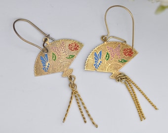 Vintage Enamel Fan Earrings - Tassel Drops | Butterflies and Flowers