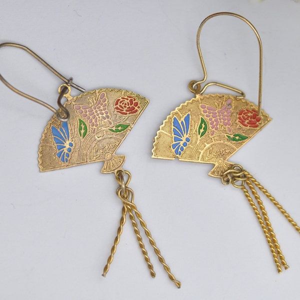 Vintage Enamel Fan Earrings - Tassel Drops | Butterflies and Flowers