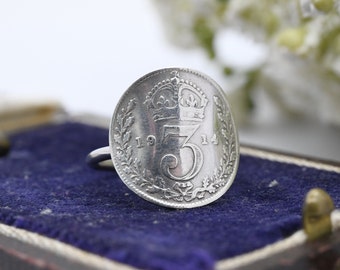 Anillo de monedas de plata de ley antigua George V Threepence 1914 - Joyería de monedas de la familia real inglesa / Tamaño del Reino Unido - G 1/2 / Tamaño de EE. UU. - 3 1/2