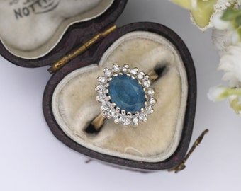 Vintage 9ct Gold Diamond and Blue Stone Cluster Ring 1987 - Small Size Cocktail Statement Ring | UK Size - F 1/2 | US Size - 3