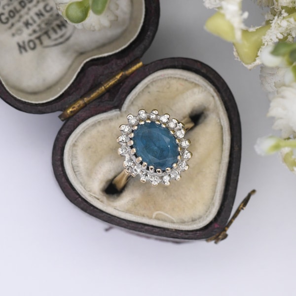 Vintage 9ct Gold Diamond and Blue Stone Cluster Ring 1987 - Small Size Cocktail Statement Ring | UK Size - F 1/2 | US Size - 3
