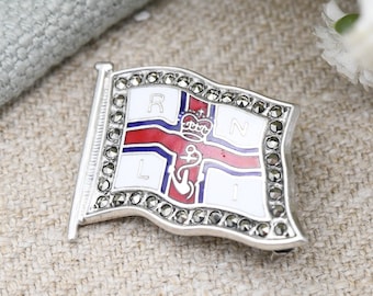 Broche vintage en argent sterling avec drapeau de la RNLI avec émail et marcassite - Royal National Lifeboat Institution Royaume-Uni | Britannique de collection