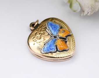 Ciondolo medaglione vintage a cuore in oro 10 ct con design a farfalla smaltata - Ciondolo portafoto con ciondolo ricordo / Blu e arancione