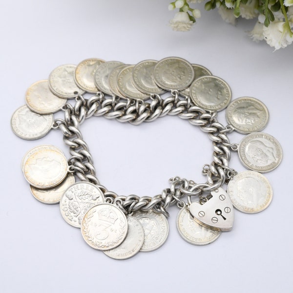 Vintage Silver Threepence Coin Charm Bracelet 1967 - 1886 Victoria 1908 Edward VII 1918 George V Curb Link | Heart Padlock Clasp | English