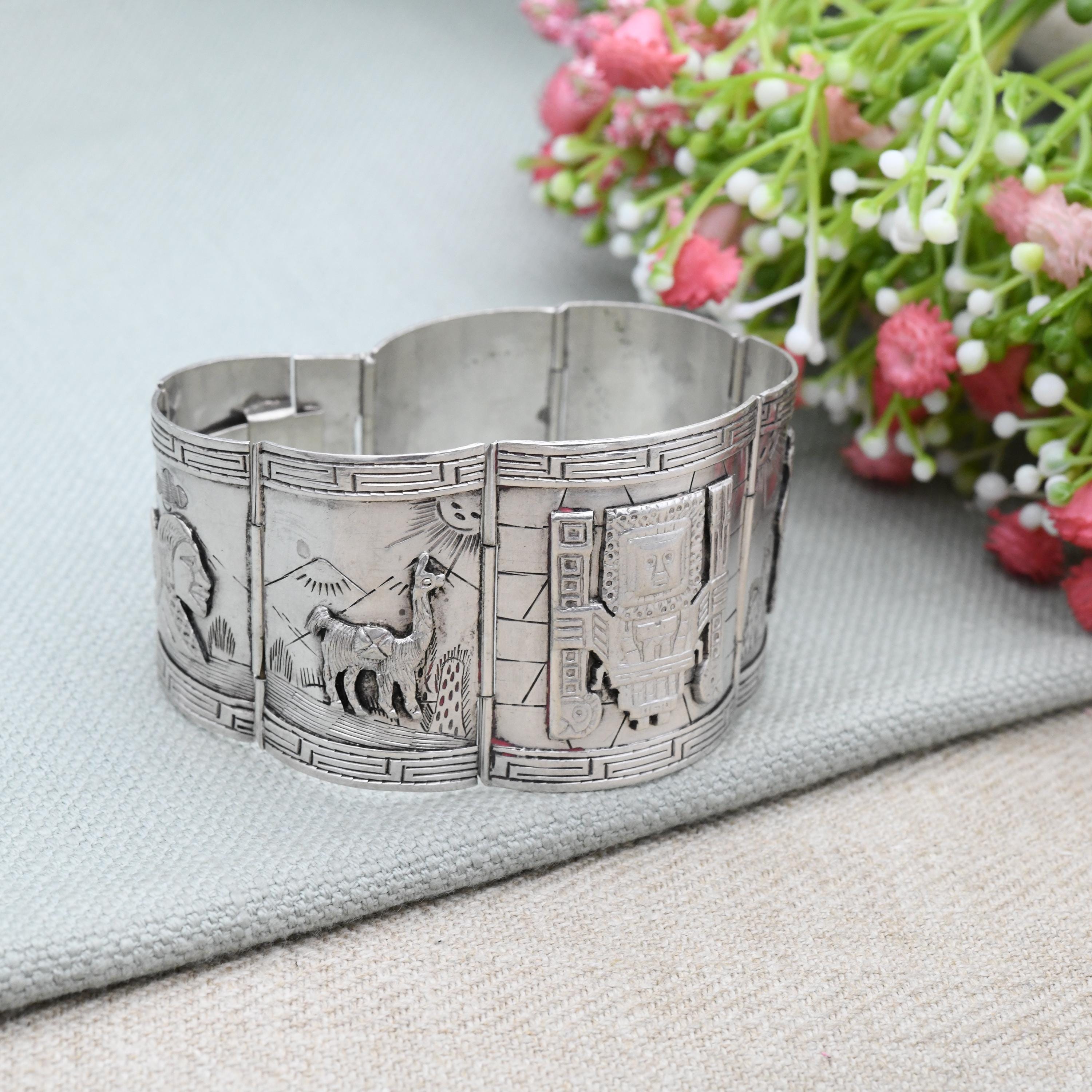 Vintage Peruvian Sterling Silver Bracelet Engraved Relief Panels