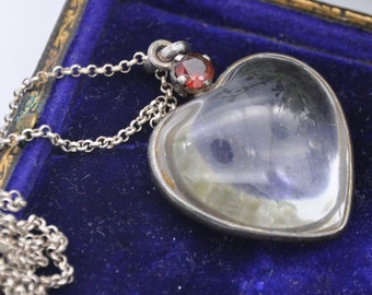 Vintage Rock Crystal Garnet Heart Pendant Necklace in Sterling Silver Mount with Chain