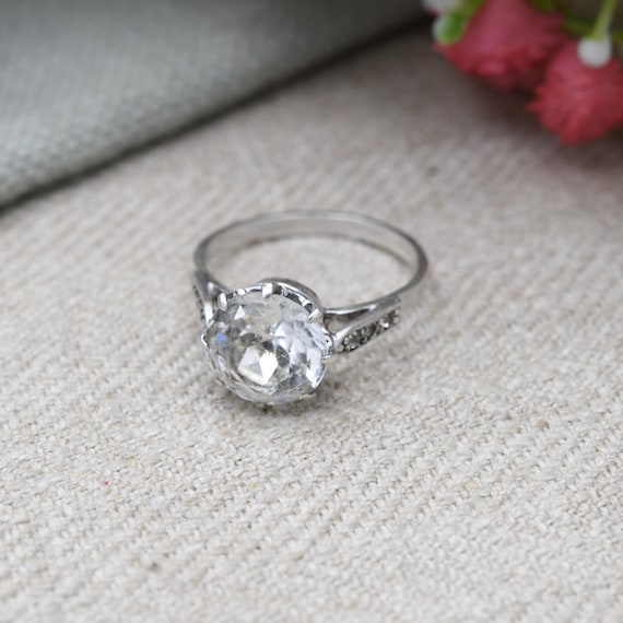 Vintage Silver Clear Paste Solitaire Ring - Large… - image 5