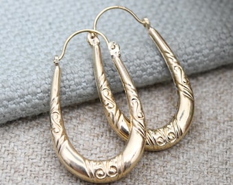 Vintage 9ct Gold Patterned Hoop Earrings Scrolling Design - Solid Yellow Gold Hoops | Oval Shape | Pretty Gold Jewellery Gift for Her