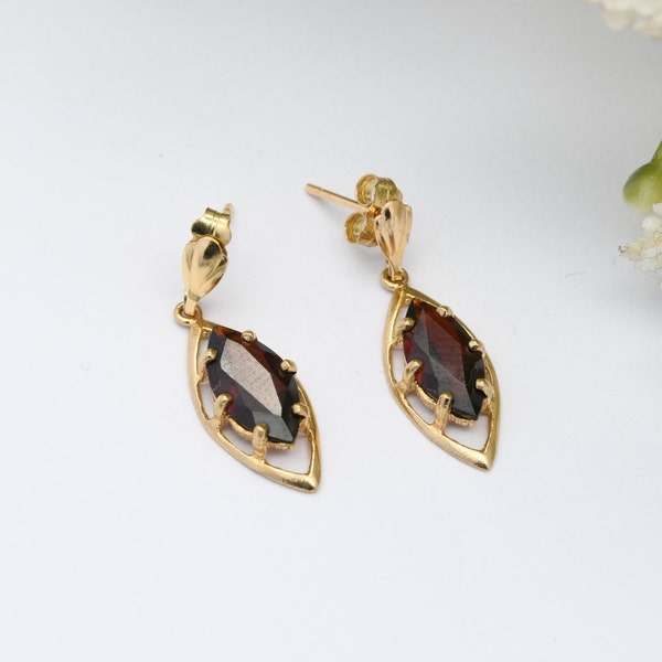Vintage 9ct Gold Garnet Drop Earrings - Marquise Shape Stone | Openwork Design | Victorian Style