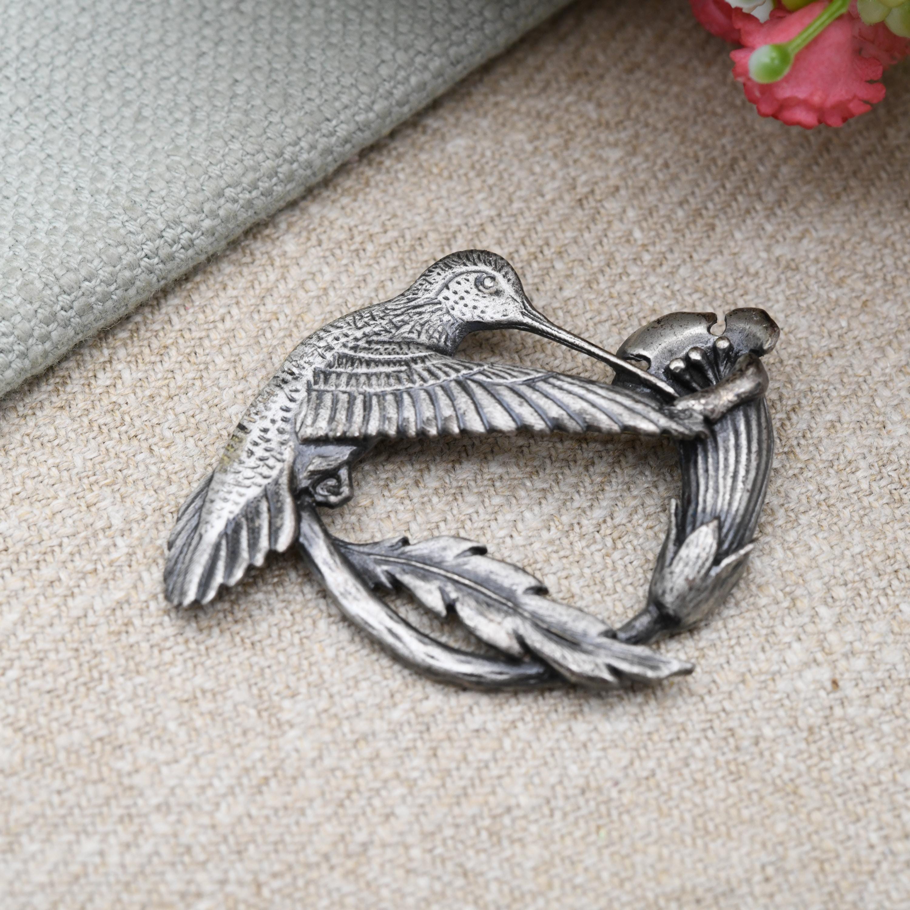 Vintage Pewter Hummingbird and Flower Brooch by Sid Bell Tully NY