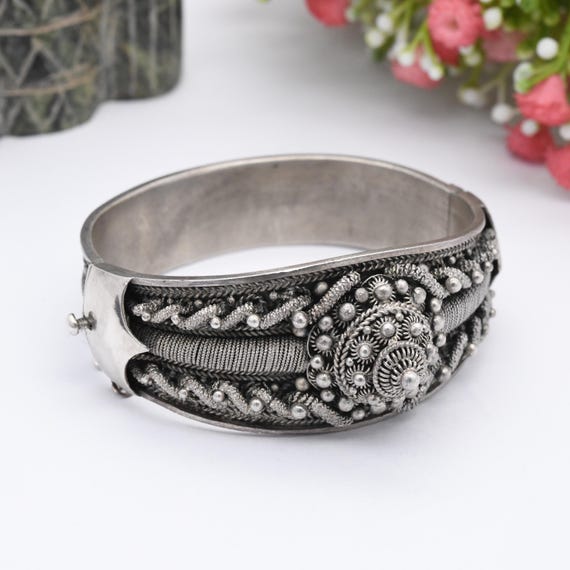 Vintage Portuguese Silver Cannetille Bangle Etruscan Revival Style