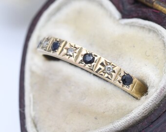 Vintage 9ct Gold Sapphire and Diamond Half Eternity Ring 1990 - with Star Set Gemstones | UK Size - L | US Size - 5 3/4