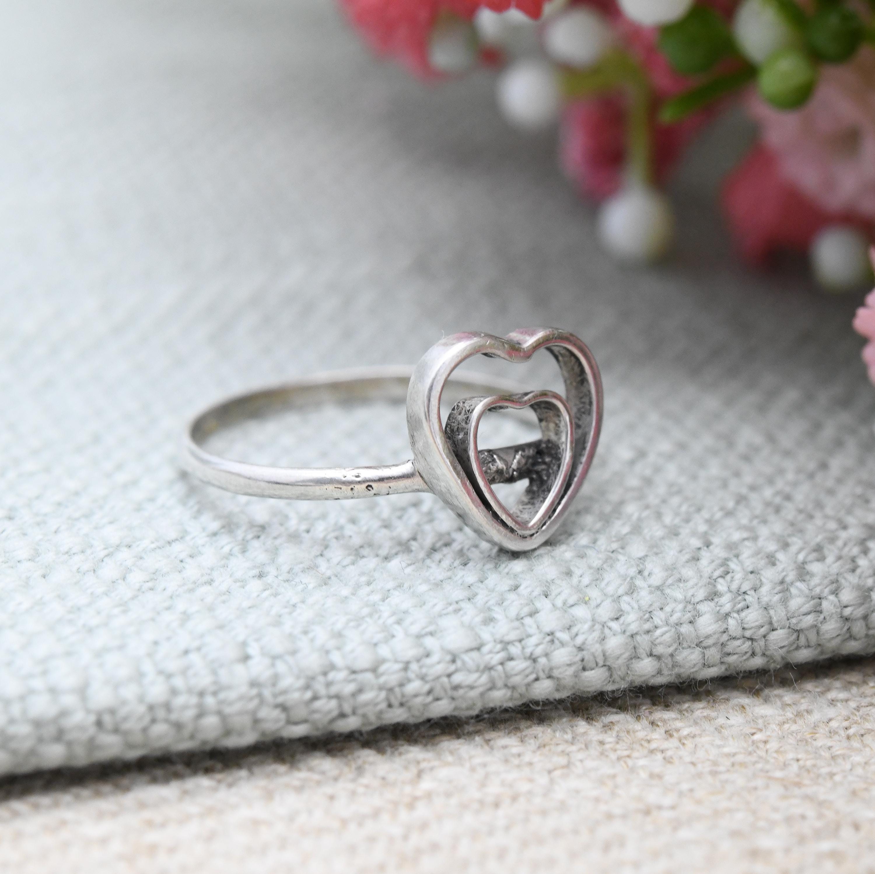 Vintage Silver Double Heart Ring - Minimal Silver Love Heart 