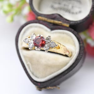 Vintage 18ct Gold Granat und Diamant Ring 1965 - Mid-Century Statement Ring 6 Diamant Roter Edelstein Verlobung | UK Größe - T US Größe - 9 1/2